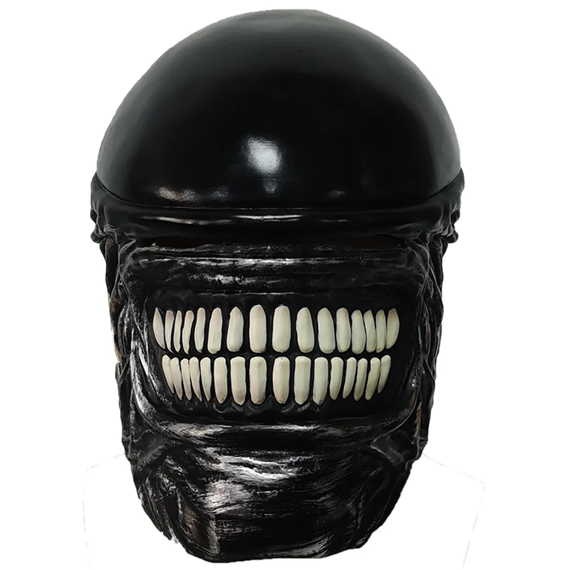 Latex Alien Mask Realistic - 恐ろしい外星人プレデターのラテックス製ヘッドギア、コスプレ衣装、小道具、黒いヘルメット、白い歯、リアルなマスク。
